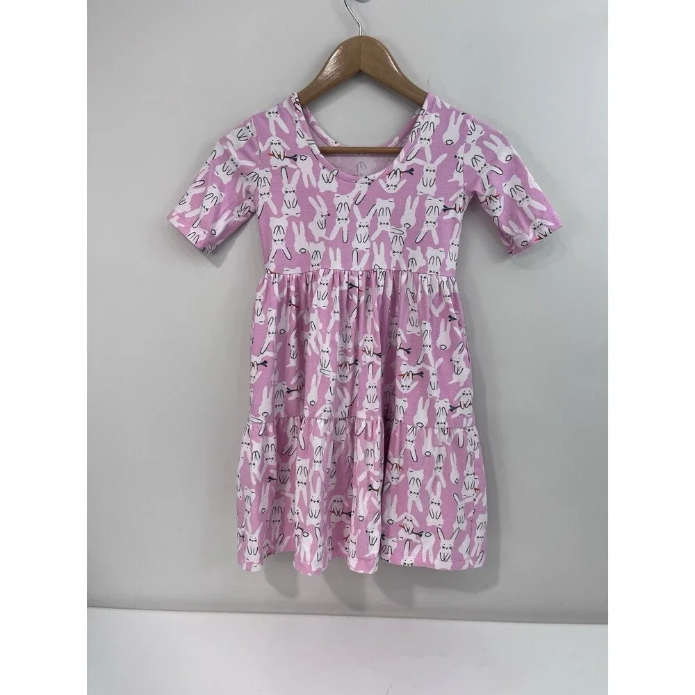 Hanna Andersson Bunny Print Skater Dress Girls 8 Pink Cotton Easter Spring